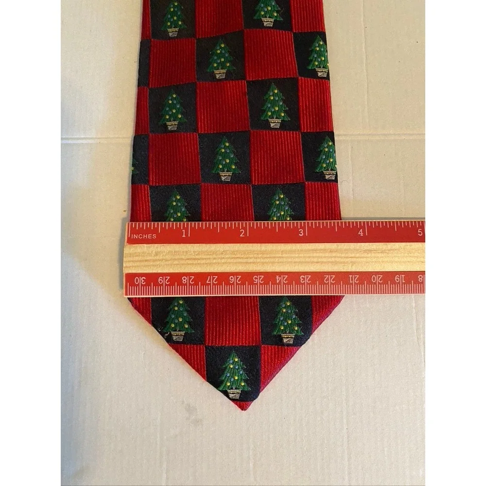 Lands End Mens Silk Christmas Tie Red Black Checkered Holiday Tree Handsewn USA